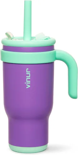 Miniatura 34 de VINUR Vaso para niños con asa - 14 oz de acero inoxidable con aislamiento al vacío de doble pared con tapa y pajita, vaso de agua de viaje