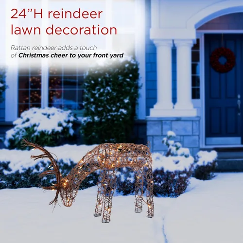 Miniatura 8 de Alpine Corporation Decoración de Césped de Reno Pastando de Ratán para Exteriores de 24 Pulgadas de Alto con Luces LED Blancas, Decoración de Patio