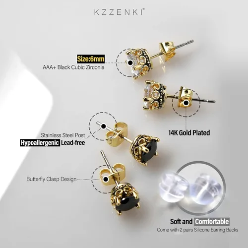 Miniatura 2 de Aretes negros y dorados para hombres y mujeres, con corona retro, hipoalergénicos, de acero inoxidable, con circonita cúbica