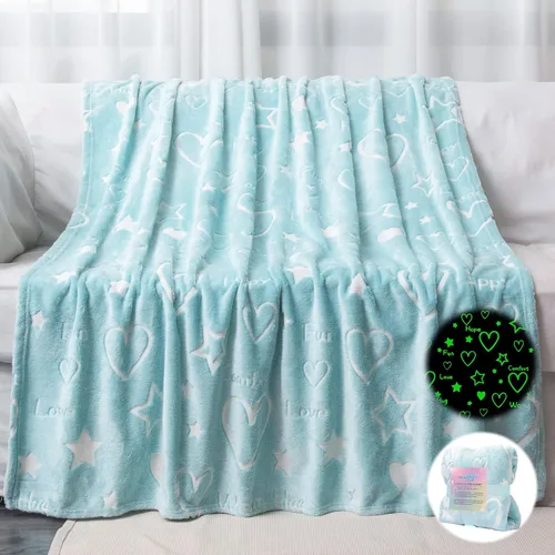 Manta que brilla en la oscuridad con corazones y estrellas, regalos para niñas, mujeres y mamás, manta azul suave y cálida para niñas, regalos para