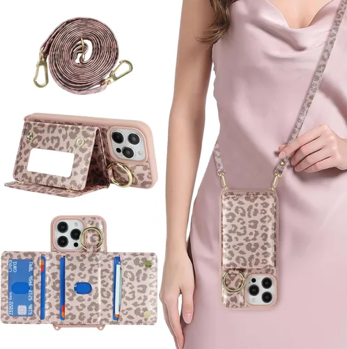 Miniatura 8 de Funda para iPhone 14 Plus con tarjetero y correa para mujer, cordón cruzado, espejo de maquillaje, soporte de anillo, cierre a presión, bonitas Rosa