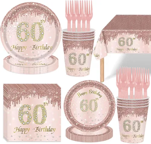 Miniatura 14 de 121 piezas de suministros para fiesta de 40 cumpleaños, platos, servilletas, tazas, tenedores, mantel, decoración temática de 40 cumpleaños en oro
