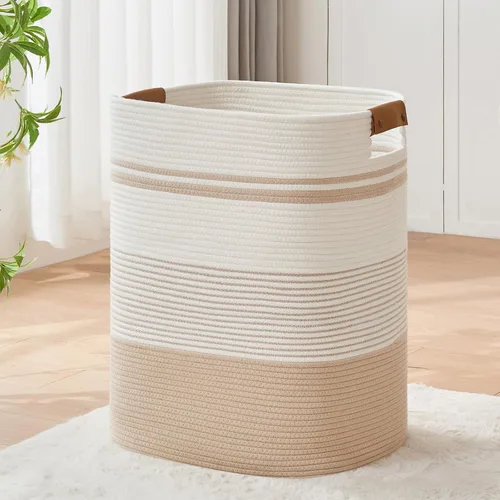 Miniatura 9 de AINUOQI Cesta de Ropa Sucia Grande Cesta de Lavandería con Asas de Cuero, Cesta de Almacenamiento Decorativa de Cuerda de Algodón Tejida para Yute