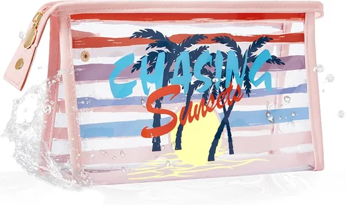 Miniatura 22 de COSHAYSOO Bolsa de Maquillaje Transparente con Protección Solar, Bolsa de Protector Solar con Parches de Letras, Accesorios Esenciales de Playa
