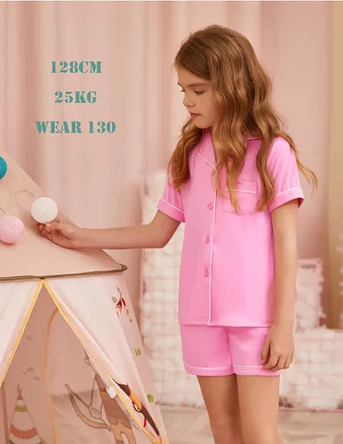 Miniatura 2 de luxilooks Conjunto de pijama de manga corta para niños y niñas de 2 piezas, ropa de dormir suave con botones, ropa de dormir de verano