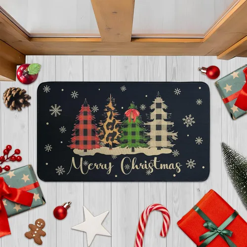 Felpudo Decorativo de Navidad Feliz Navidad 30"x17" Negro, Alfombra de Puerta Temporada de Búfalo a Cuadros Árbol de Navidad Antideslizante Lavable