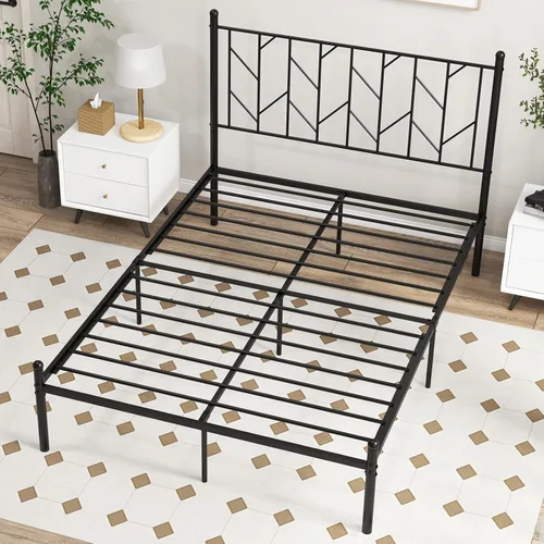 Miniatura 3 de Giantex Base de cama de metal negro con cabecera de estilo victoriano, base de cama de plataforma de 12.5 pulgadas con soporte de 14 listones