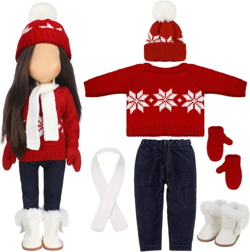 Bencailor Conjunto de 6 piezas de ropa y accesorios de muñeca de Navidad de 18 pulgadas, conjunto de trajes de invierno, suéteres, pantalones, Rojo