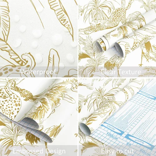 Miniatura 3 de Heroad Papel tapiz de leopardo bohemio para despegar y pegar, papel de contacto blanco y dorado, papel de pared de animales de la selva, papel tapiz