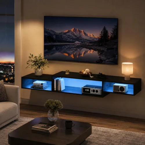 4 EVER WINNER Soporte flotante para TV con toma de corriente, estante flotante de TV de 59 pulgadas con luces LED y almacenamiento, centro de