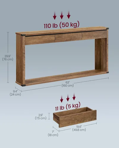 Miniatura 3 de VASAGLE Mesa Consola para Sofá, Mesa de Entrada Estrecha de 63 Pulgadas con 3 Cajones, Estante Inferior, Esquinas de Metal, para Sala de Estar