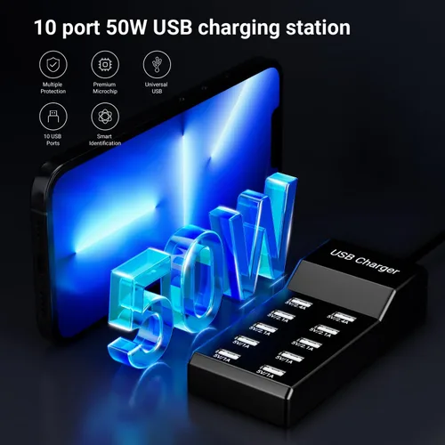 Miniatura 3 de Tira de alimentación USB de 10 puertos 50w10A, concentrador de cargador multipuerto, compatible con iPhone, Galaxy, iPad Tablet y otros dispositivos