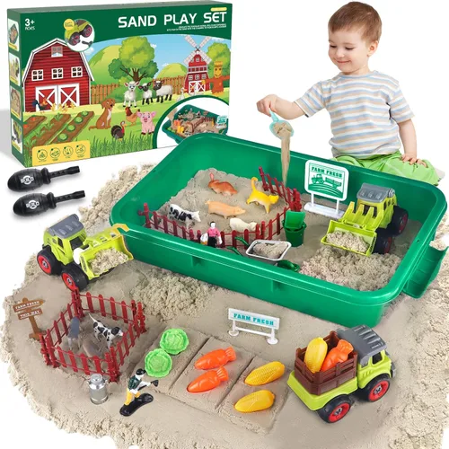 Aliex Contenedor Sensorial de Granja, Kits de Juguetes Sensoriales de Granja con 2.2 libras de Arena de Juego, 31 piezas de Animales y Camiones,
