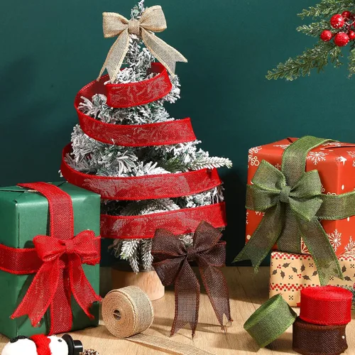 Miniatura 6 de WILLBOND 8 rollos de 44 yardas de cintas navideñas con borde de alambre, rollos de arpillera con alambre de tela navideña, cinta de tejido