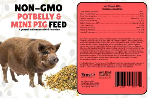 Miniatura 4 de Alimento para potbelly y mini cerdo sin OMG, 12% de proteína para cerdos maduros, fortificado con vitaminas A, D, E, minerales y algas, bolsa de 40