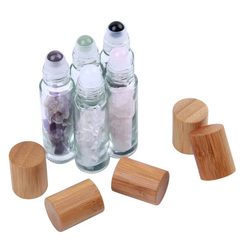 Miniatura 4 de Constore 5 botellas enrollables de piedras preciosas de 0.3 fl oz, botellas recargables con tapas de bambú, chips de cristal curativo