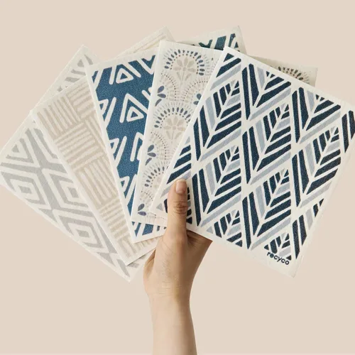 Miniatura 17 de RECYCO Paños suecos para cocina Paquete de 5 trapos geométricos lavables Toallas de papel de limpieza reutilizables de celulosa Paño