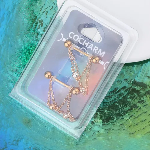 Miniatura 6 de Cocharm Anillos de pezón de doble cadena de 0.49 oz, plata y oro, joyería de piercing de acero inoxidable 316L para mujer