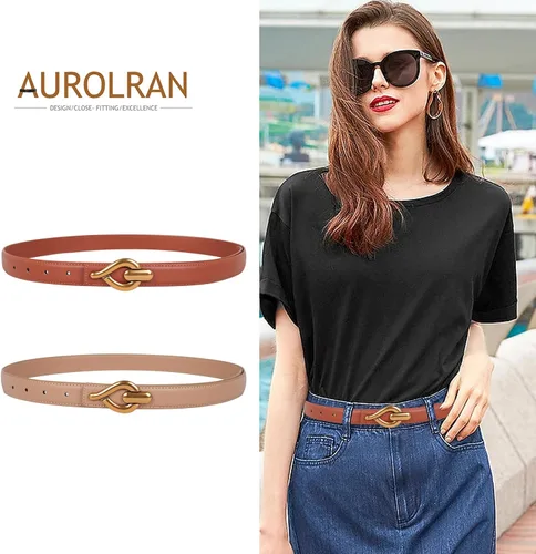 Miniatura 251 de Cinturón de cuero clásico con hebilla de metal para mujer con vestido de jeans