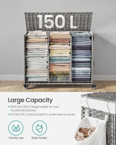 Miniatura 7 de SONGMICS Cesta de lavandería con tapa, 42.3 galones (160 L), cesta de lavandería con ruedas, ratán sintético de 3 secciones, forro extraíble, Gris