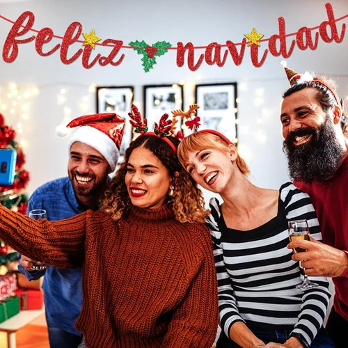 Miniatura 3 de Banner de Feliz Navidad con purpurina roja, guirnaldas de banderines de Navidad españolas, decoración de fiesta festiva, manto de invierno
