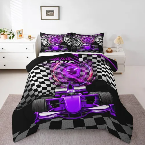 Miniatura 29 de Feelyou Juego de edredón azul de carreras para niños, juego de ropa de cama de coche deportivo para niños y niños, edredón deportivo geométrico a