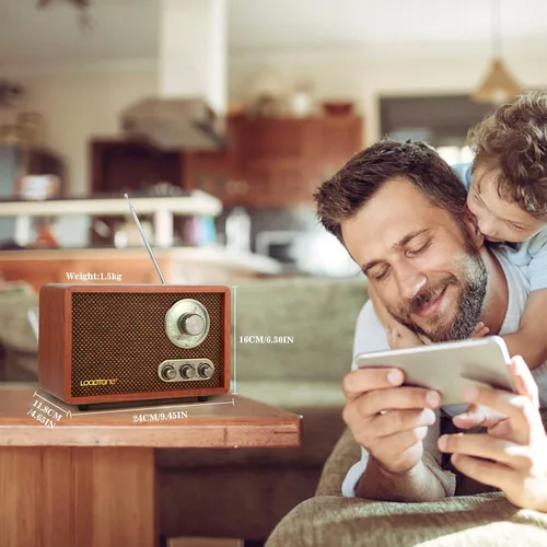 Miniatura 2 de LoopTone Radio vintage AM FM multifunción USB SD con altavoz Bluetooth, radio de mesa de madera retro para cocina, sala de estar con perilla
