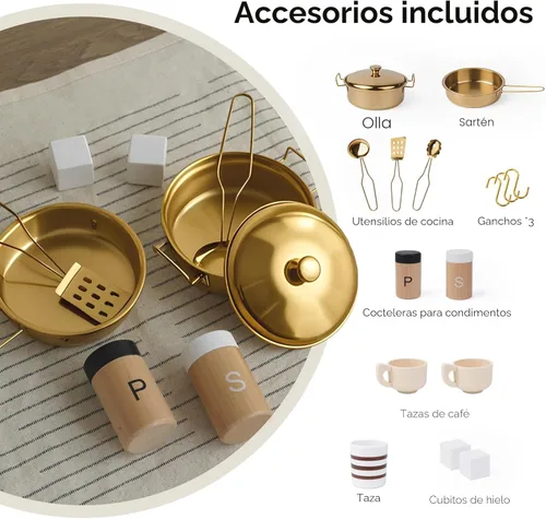 Miniatura 6 de Juego de cocina de madera para niños – Cocina de simulación realista con estufa, fregadero, cafetera, máquina de hielo y 15 accesorios divertidos