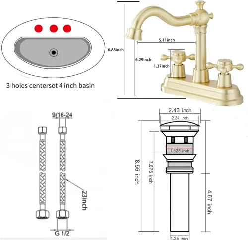 Miniatura 2 de Llave de baño GGStudy de oro cepillado, de 2 asas, de 4 pulgadas, llave central para baño con montaje de drenaje y manguera de suministro, llave