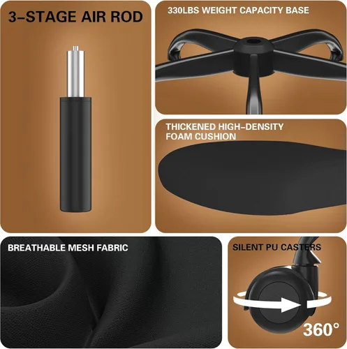 Miniatura 8 de Silla de oficina ergonómica, silla de escritorio con respaldo alto y soporte lumbar ajustable, respaldo de malla transpirable, capacidad de 330