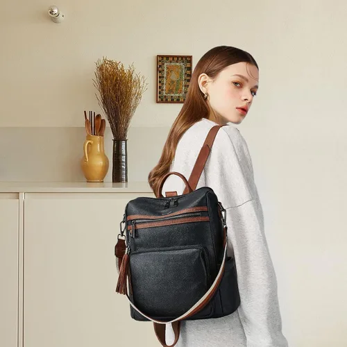 Miniatura 32 de OPAGE - Mochila de cuero para mujer, con borla de moda, bolso de hombro, mochila grande, bolsa de viaje, gris, L