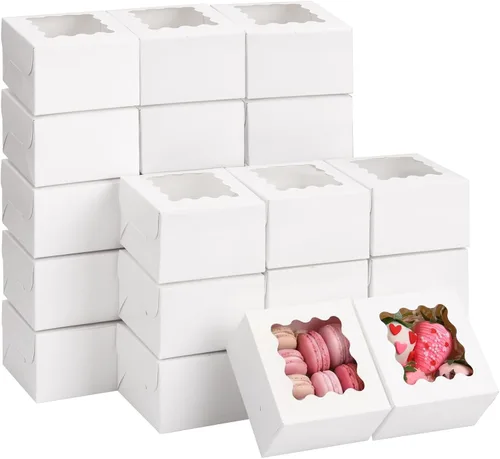 Miniatura 8 de Moretoes 120 cajas blancas para panadería, cajas de galletas de 4 x 4 x 2.5 pulgadas con ventana para pasteles pequeños, golosinas, donas, dulces