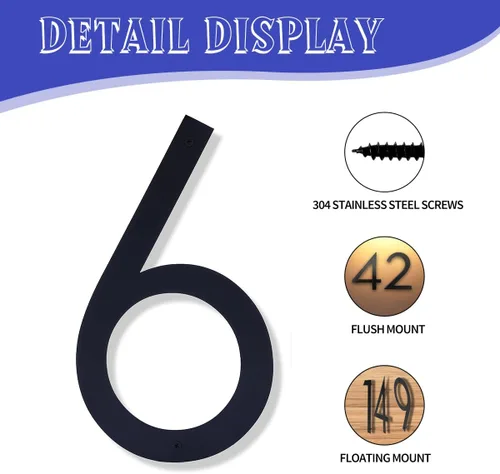 Miniatura 34 de Números de casa negros de metal moderno de 12 pulgadas para exterior, dirección flotante número 7 con kit de clavos para puerta