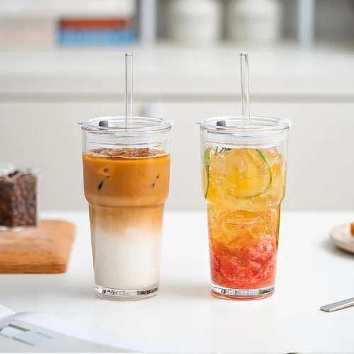 Miniatura 2 de SoulTimes Vaso de vidrio de 20 onzas con tapa y popote de vidrio – Juego de 2 vasos transparentes reutilizables para café helado, vaso para café
