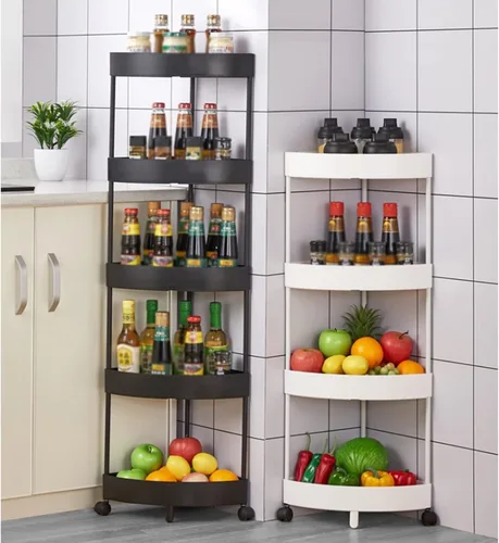 Miniatura 5 de Estante de almacenamiento para estantes esquineros, estantes triangulares de cocina, estante de varios niveles con ruedas, soporte para piso