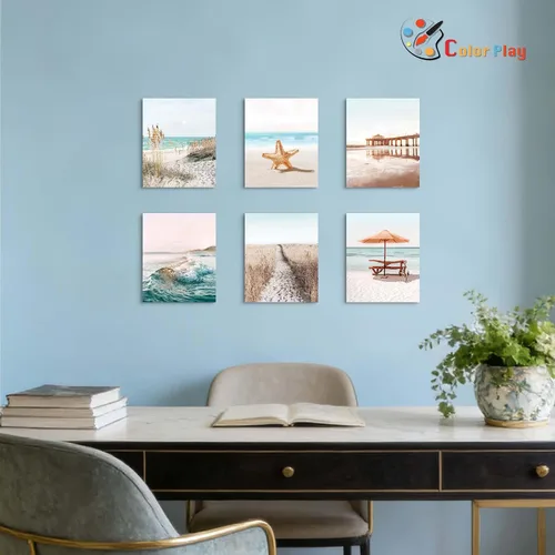 Miniatura 4 de Juego de 6 impresiones costeras para pared, diseño estético junto al mar, estrellas de mar, arena, paseo marítimo, olas del océano, pósteres