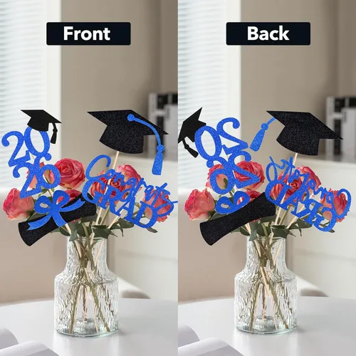 Miniatura 5 de Juego de 20 decoraciones de fiesta de graduación 2026, centro de mesa de graduación de doble cara con purpurina para mesas, mesas, accesorios