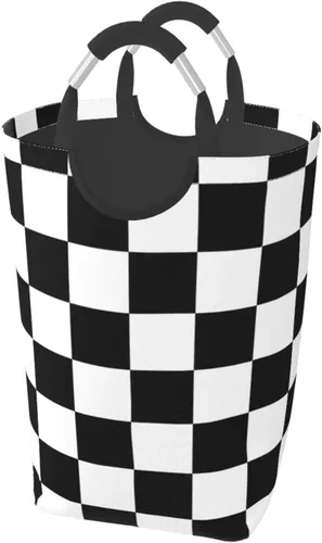 Miniatura 2 de Cesta de ajedrez en blanco y negro con asas, cesta de lavandería a cuadros, organizador de almacenamiento de juguetes, cubo plegable, bolsa de ropa