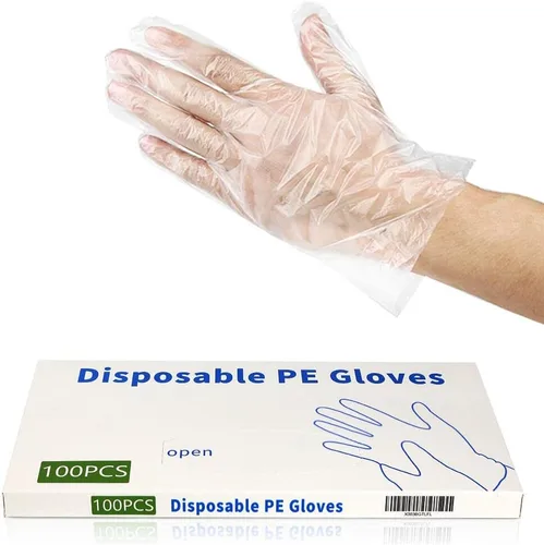 CFGROW 100 guantes de plástico desechables, sin látex, sin polvo, guantes de mano de polietileno transparente, no estériles para limpieza, cocina