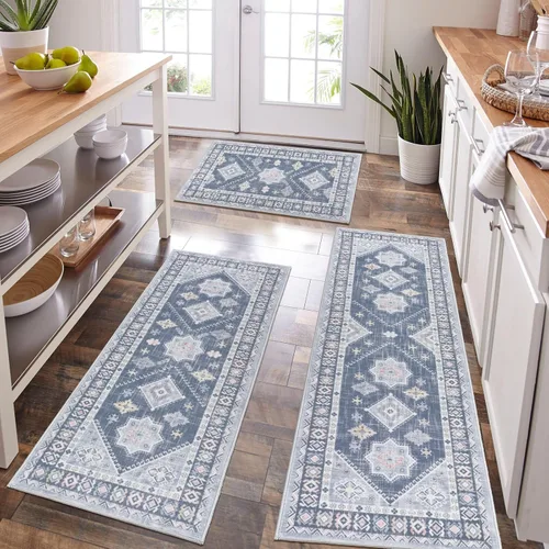 HEBE - Juego de alfombras de cocina bohemias de 3 piezas con corredor, alfombras de cocina antideslizantes y tapetes lavables para piso de cocina,