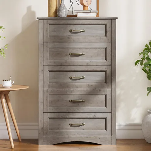 Gizoon 5 Drawer Dresser, Ash Grey Wood Storage Cabinet for Bedroom, 43.3" Large Capacity Storage Cabinet with Anti-Tip Device, for Clothes, Living