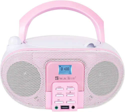 SingingWood - Reproductor de CD portátil Boombox (rosa) - Altavoz Bluetooth de la serie Macarons con radio FM, USB, entrada auxiliar y conector para