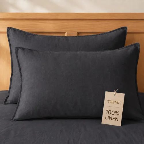 TOSMO Juego de 2 fundas de almohada 100% lino tamaño estándar, fundas de almohada lavadas a la piedra, cierre de sobre, fundas de almohada suaves y
