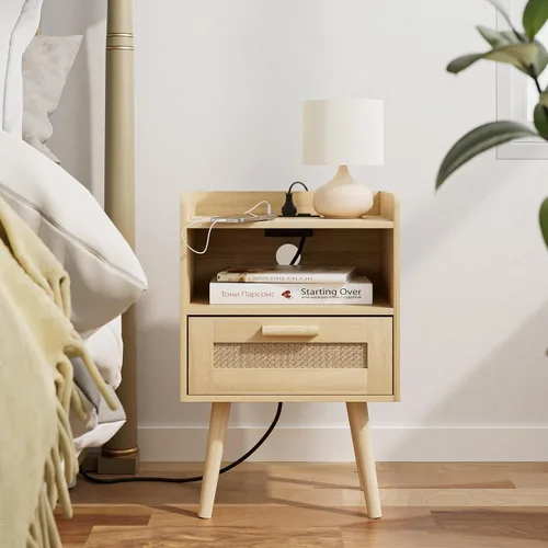 Miniatura 9 de Masupu Mesita de noche, mesita de noche pequeña con dos cajones, mesita de noche blanca, muebles de noche, mesa auxiliar moderna de mediados