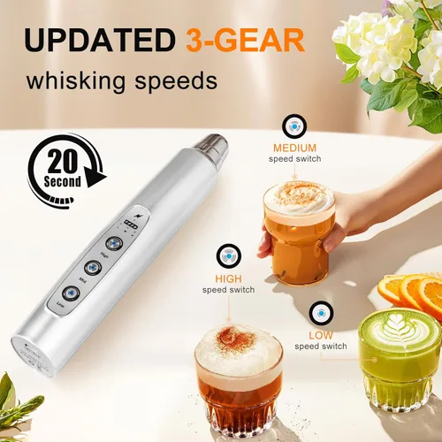 Miniatura 3 de YUSWKO Espumador de leche recargable de mano con 3 cabezas, batidor eléctrico de café plateado para bebidas, mezclador de espuma de mano mini con 3