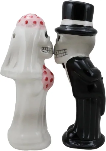 Miniatura 7 de Ebros Gift Juego de saleros y pimenteros de esqueleto para pareja, boda, novia y novio, calaveras de cerámica, esqueletos, cocina, comedor, bar