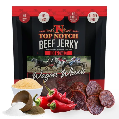 Miniatura 10 de Top Notch Wagon Wheels Jerky – Snacks altos en proteínas para niños y adultos hechos de carne de res criada localmente – Rondas sabrosas de carne