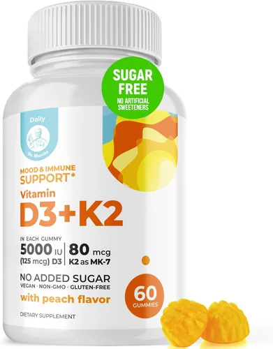 DR. MORITZ Gomitas de vitamina D3 (5000 UI) con K2, para adultos y niños, gomitas de vitamina D3 K2 para apoyo inmunológico y salud ósea, veganas,
