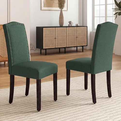 LSSBOUGHT Juego de 2 sillas de comedor tapizadas Parsons de tela, sillas de cocina con marco de madera maciza y ribete de cabeza de clavo (verde, 2