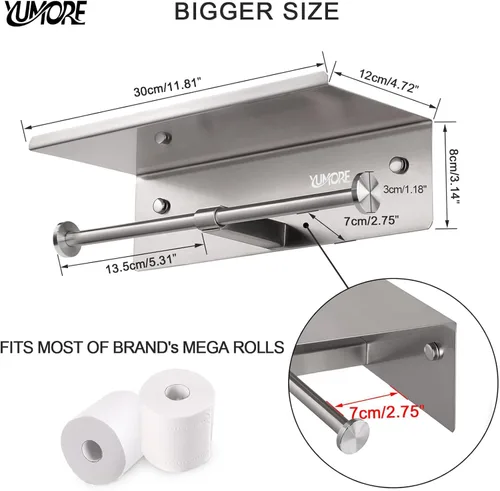Miniatura 3 de YUMORE Soporte de papel higiénico, soporte de papel higiénico de acero inoxidable 304 para baño, doble rollo de papel higiénico con estante, Acabado
